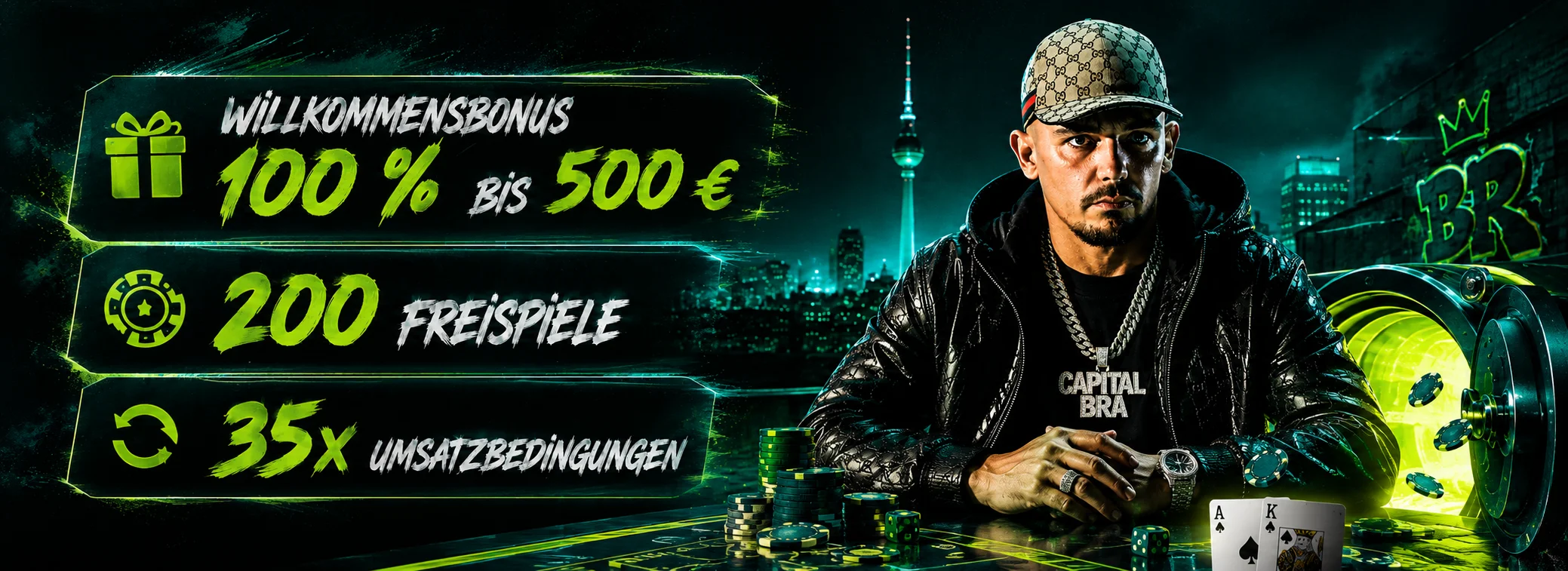 Willkommensbonus 100 % bis 500 € plus 200 Freispiele bei Capital Bra Casino